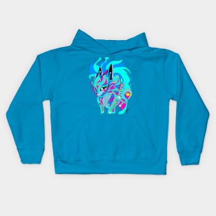 light blue rabbit kaiju in rainbow electric colors in mexican patterns Kids Hoodie